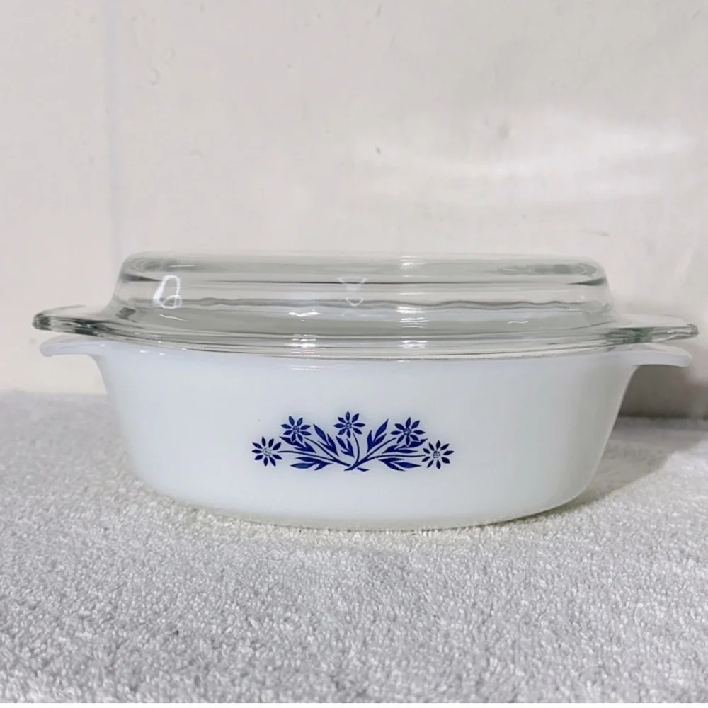 Vintage Anchor Hocking Milk Glass Blue Cornflower Oval Casserole Dish With Lid